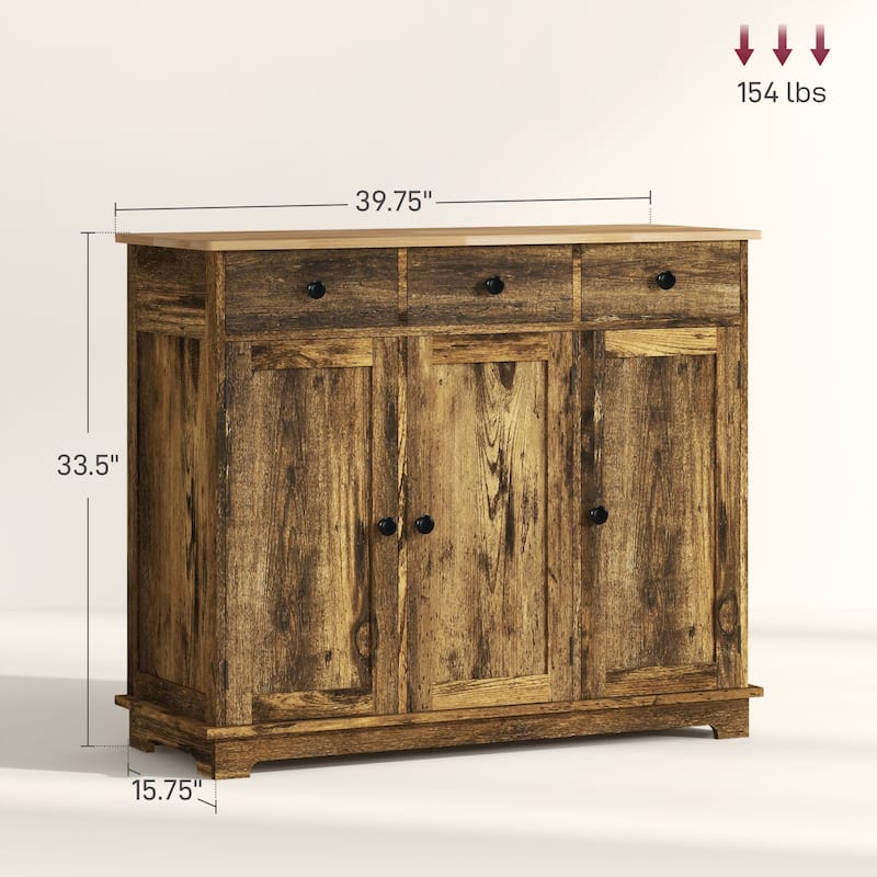 Sideboard with Solid Wood Countertop, Modern Kitchen Storage Cabinet, Coffee Bar Cabinet with 3 Drawers, Doors