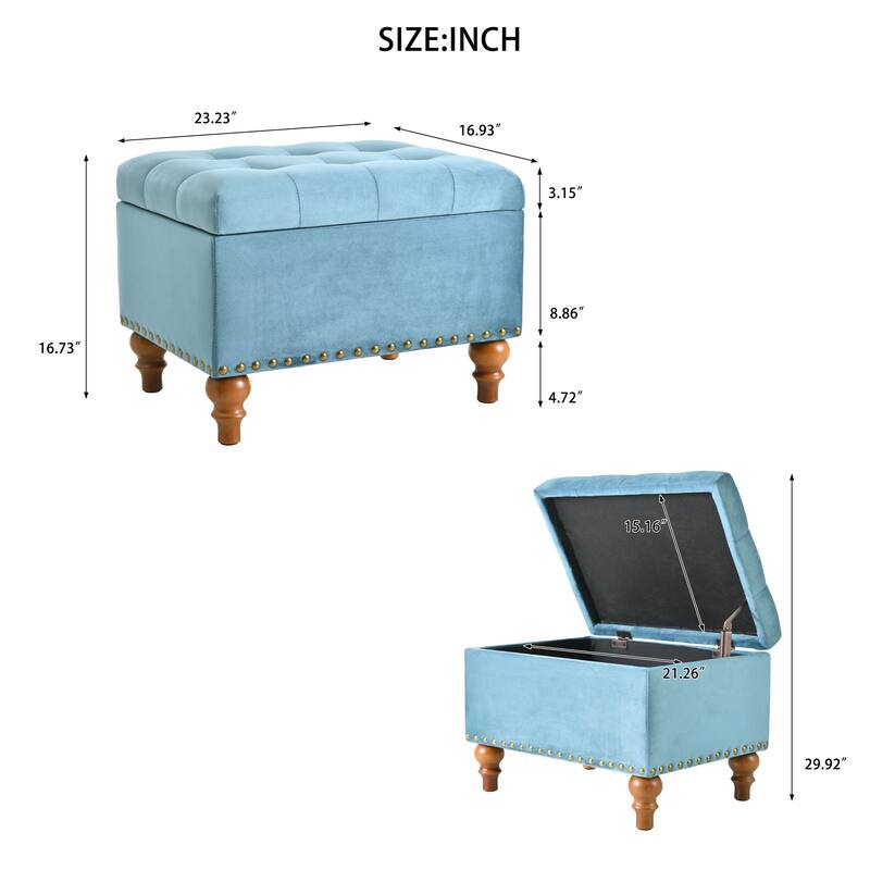 Square velvet upholstered Ottoman with storage space, hidden support hinge with easy to open top, rivet trim around