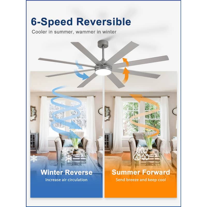 Large Ceiling Fan with Light - 8-Blade, Remote App Control, Dimmable 3CCT, Quiet DC Motor​, 66/72 Inches