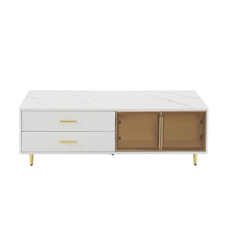 Coffee Table with 2 Glass Door, 4 Drawers and Gold Metal Legs