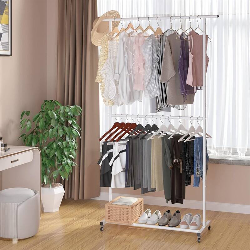 Double Rod Clothing Garment Rack - 47.24"D x 16.73"W x 78.74"H - White