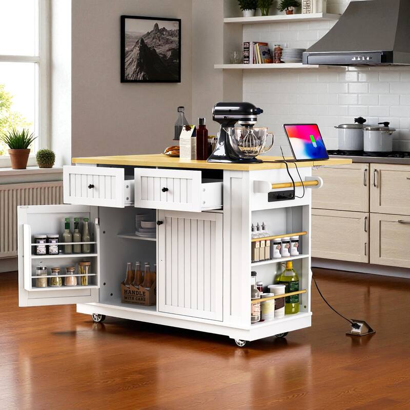 48" Kitchen Island with Drop Leaf & Power Outlet, Rolling Storage Cart with Internal Racks, Drawers & Shelves - White