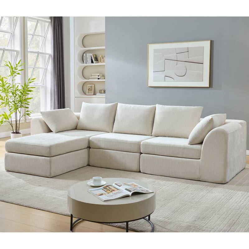 118 inch Oversized 3 Seater Deep Seat L-Shaped Sectional Couches Cloud Chenille Modular Boneless Sofa with Movable Ottoman