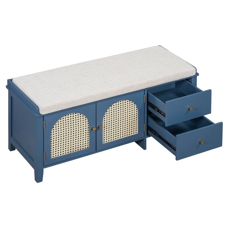 Wood Shoe Storage Bench with Cushion,2 Drawers and 2 Rattan Door