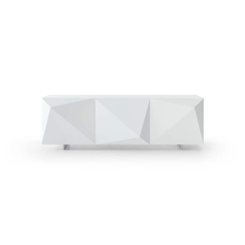 HomeRoots 87" White Wood Carved Geometric Sideboard With Three Doors - 87.00 in. x 29.00 in. x 20.00 in.