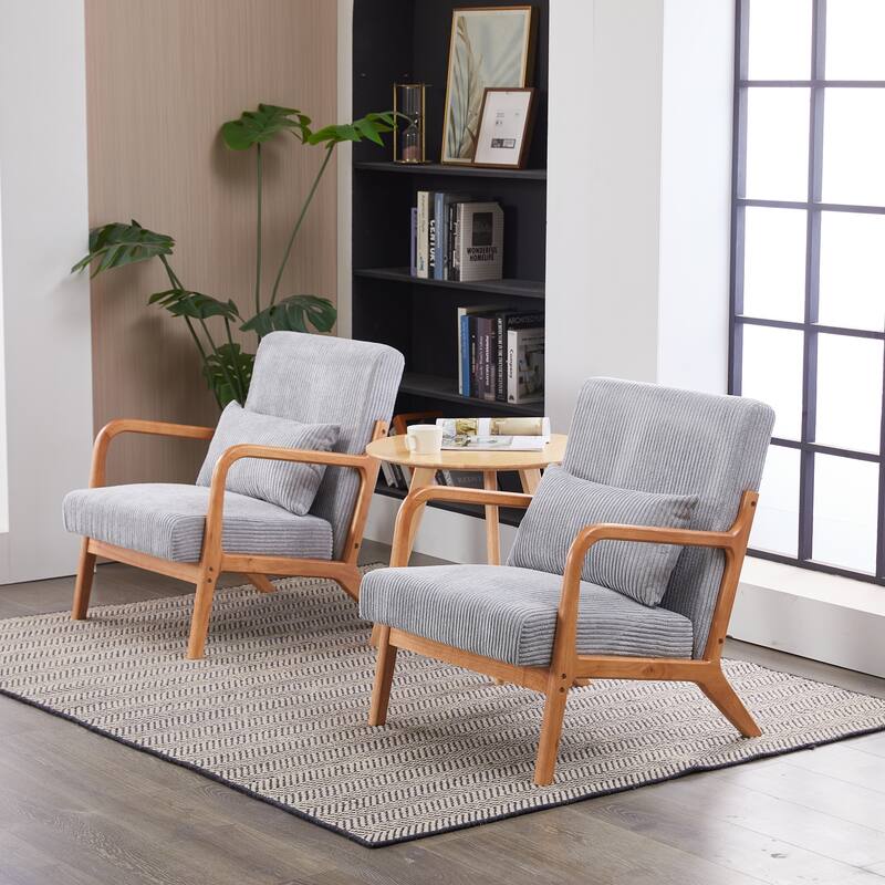 Mid-Century Modern Accent Chair, Upholstered Single Sofa Chair with Pillow, Lounge Armchair with Rubber Wood Frame