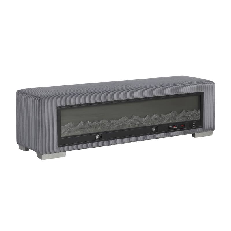 Furniture of America Goffney Chenille Bench with Fireplace Simulator and Bluetooth Audio