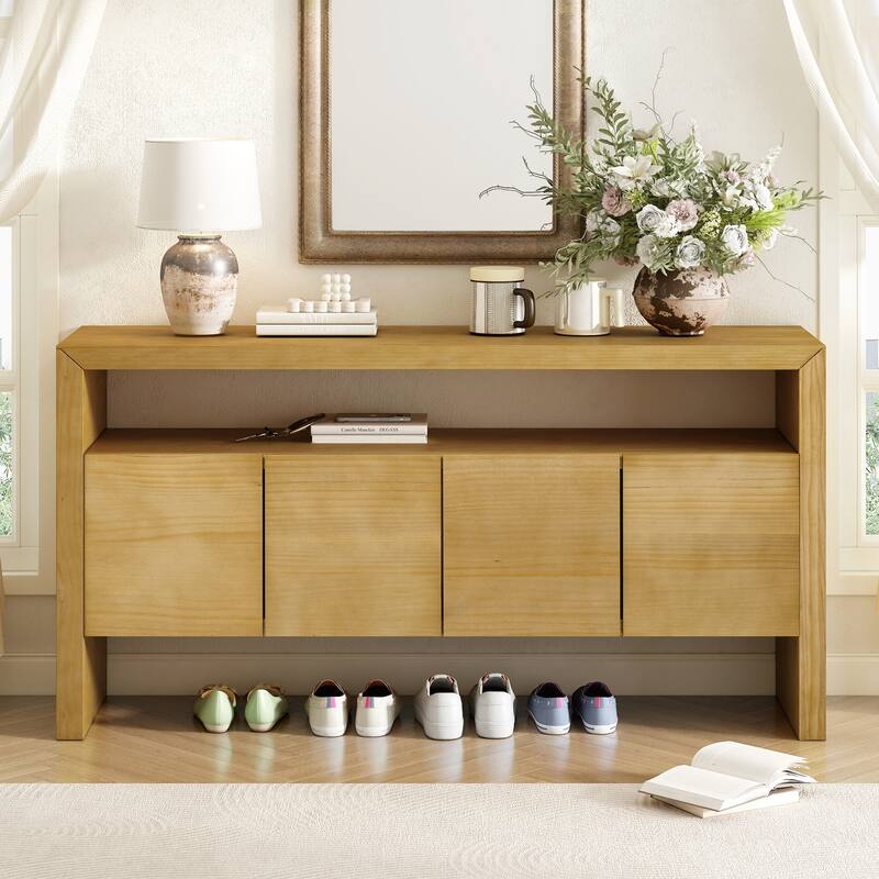 Modern Minimalist Solid Wood Veneer Sideboard with Open Shelf - Natural