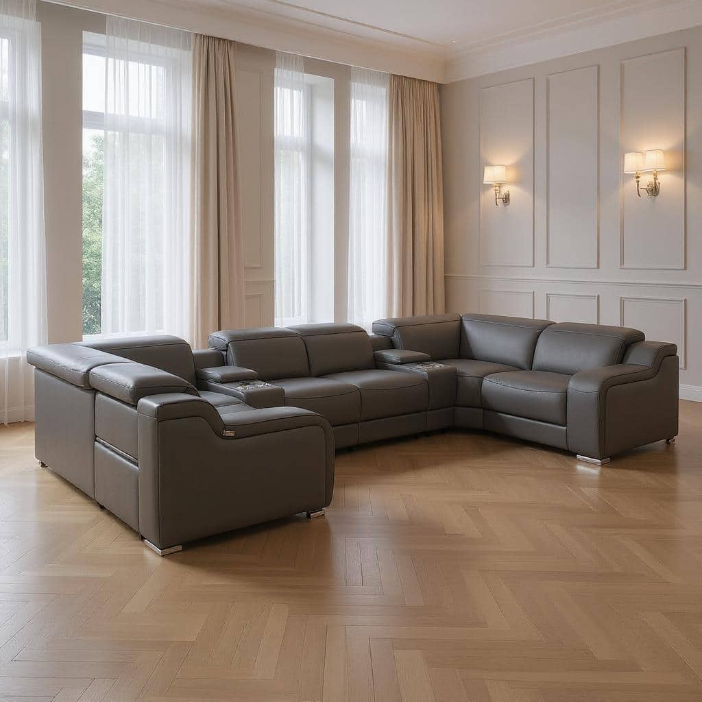 HomeRoots Dark Gray Italian Leather Power Reclining U Shaped Eight Piece Corner Sectional With Console