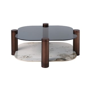 35 in Modern Coffee Table Stone and Tempered Glass Tabletop with Steel Legs