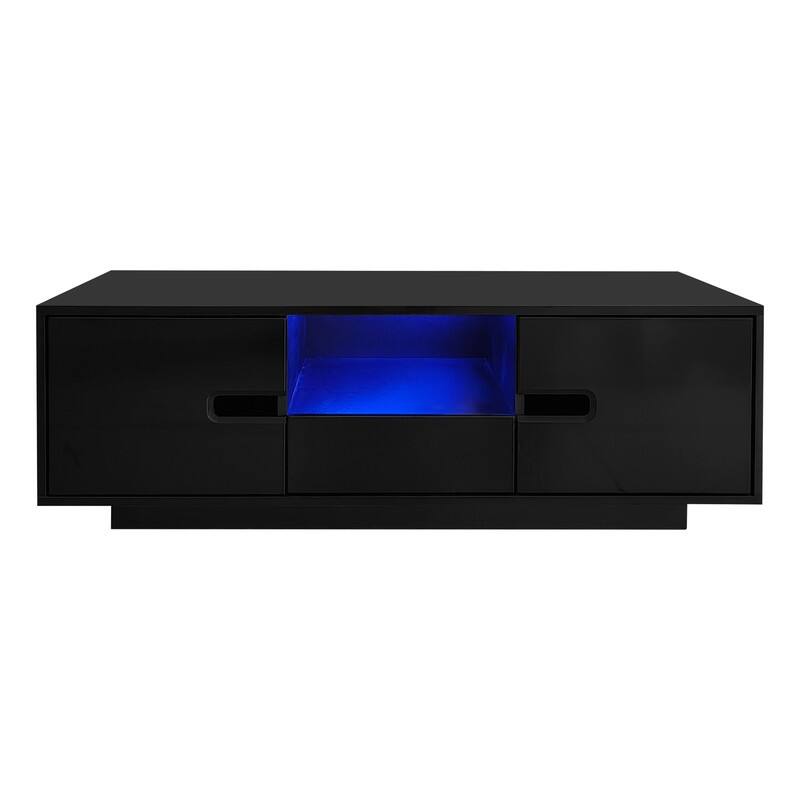 Modern High Glossy Rectangle Coffee Table, Stylish Center Table with Storage Space, Accent Furniture with 16 Color LED Lights