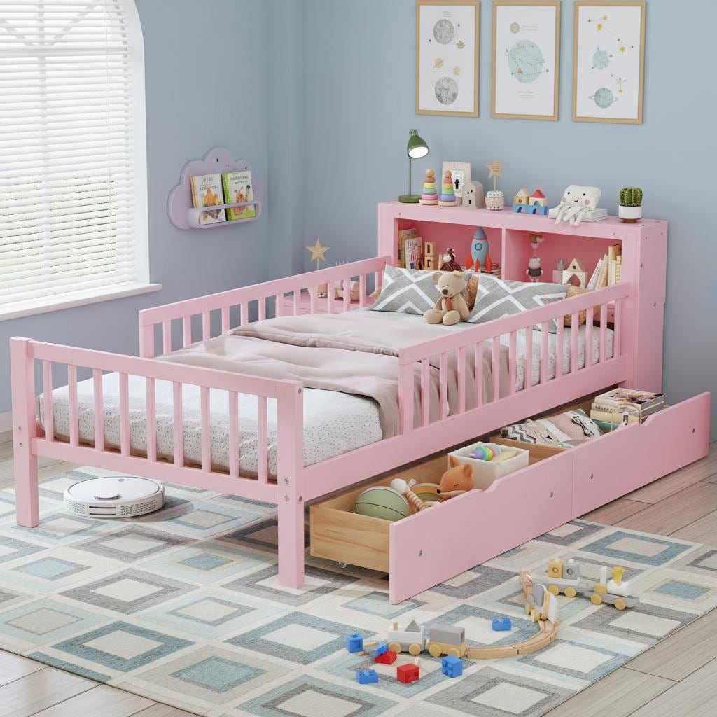 Twin Size Bed with Headboard Storage Rack by Harper&Bright Designs