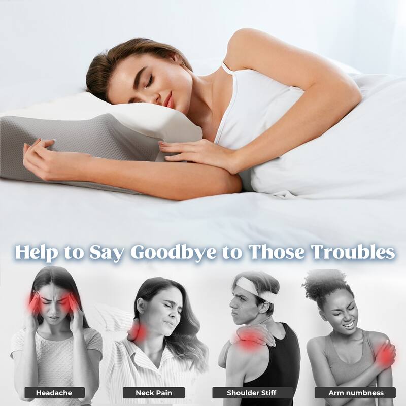 Cooling Gel Memory Foam Contour Pillow, OX Horn Cervical Pillow - White & Grey - White & Grey