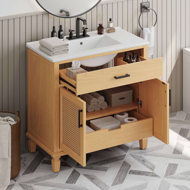 36" Rattan Bathroom Vanity with Ceramic Sink