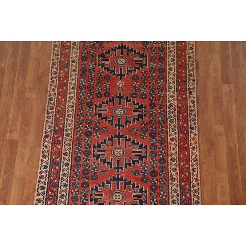 Geometric Sirjan Persian Vintage Runner Rug Handmade Wool Carpet - 3'8"x 9'4"