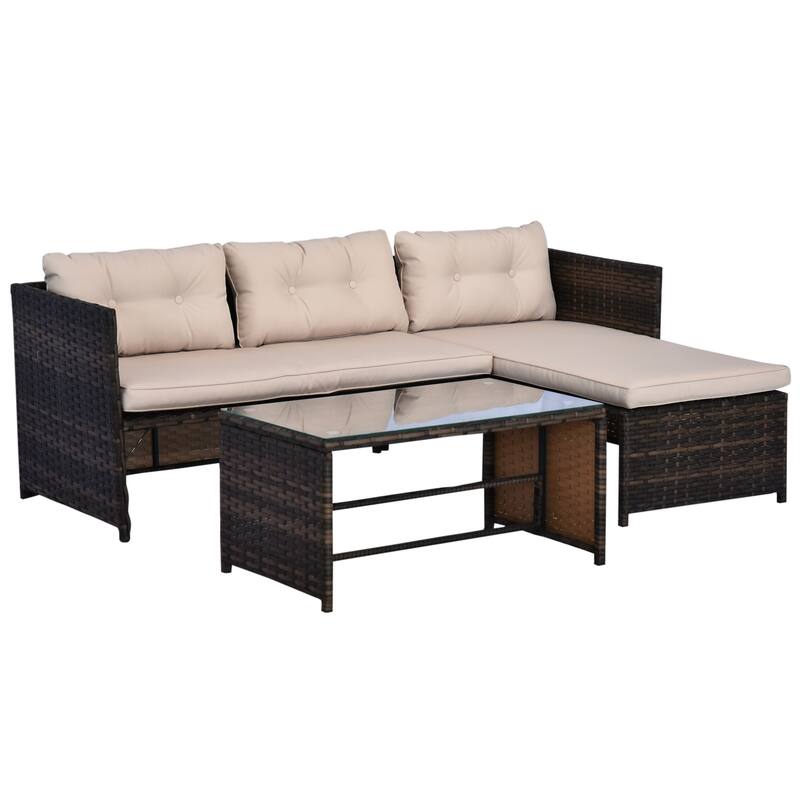3 Piece Patio Furniture Set, Rattan Outdoor Sofa Set with Chaise Lounge & Loveseat, Soft Cushions, Tempered Glass Table,