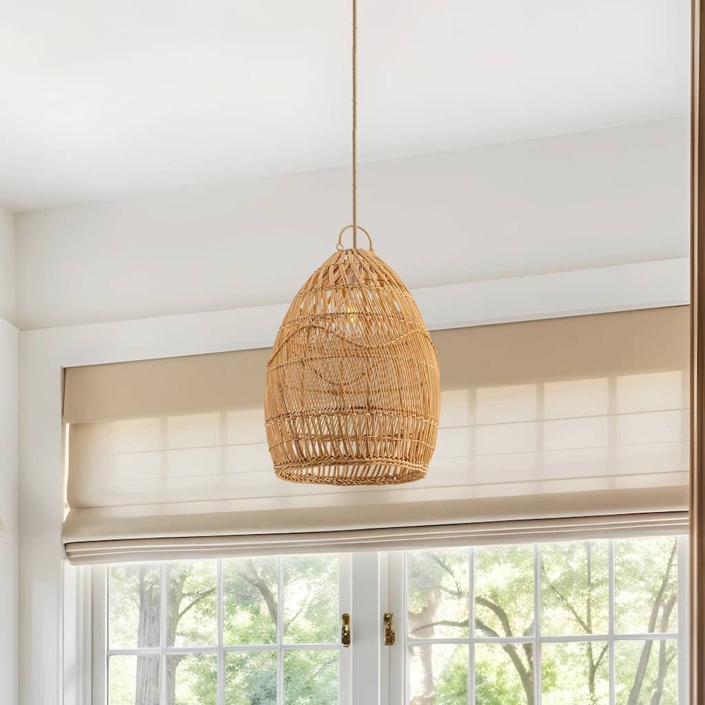 Perio Brown Rattan Pendant Light – Medium Rattan Pendant Lighting Fixture for Kitchen & Bedroom in Modern, Scandinavian Style