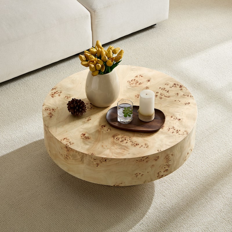 31.49" Mid-Century Modern Round Wood Coffee Table, with Burl Wood Veneer and Sturdy Pedestal, for Living Room