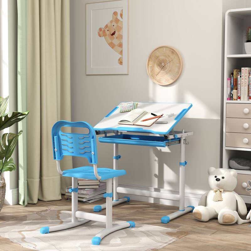Height Adjustable Children School Study Desk with Tilt Desktop, Storage Drawer, Pen Slot, Hook, Ergonomic Table and Chair Set