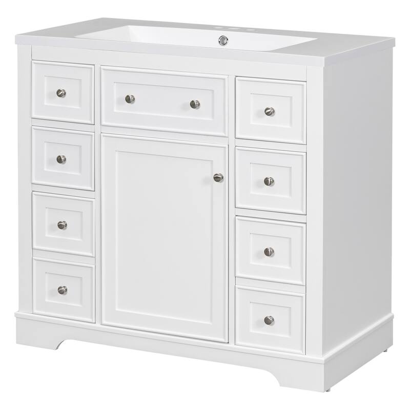 Bathroom Vanity with Ceramic Sink, Bathroom Storage Cabinet with 1 Doors and 6 Drawer, Bathroom Cabinet with Open Shelf