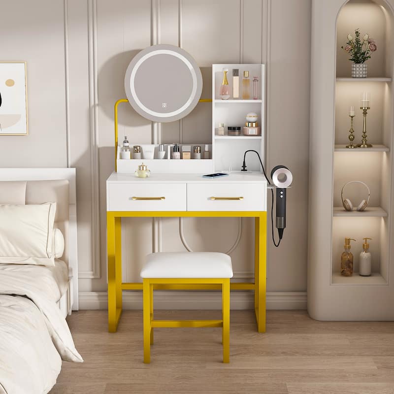 LED Makeup Vanity with Power Outlet - 3-Color Lights, 2 Large Drawers & Metal Chair, Dressing Table for Bedroom - White