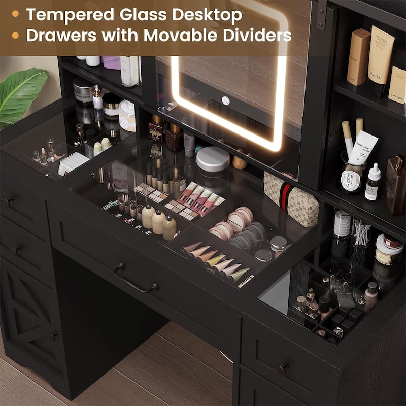 Vanity Desk Barn-Door Sliding Mirror & Power Outlet Glass Top