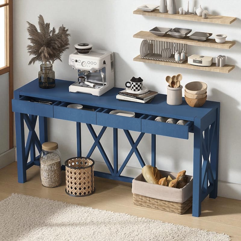 60'' Acacia Veneer Console Table with 4 Drawers and Open Shelf, Farmhouse Entryway Table with Cross Legs