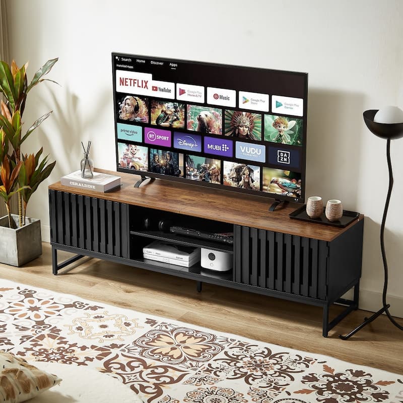 TV Stand with Grille-Striped Doors, Entertainment Center with Open Shelves, Media Console Table with Metal Legs