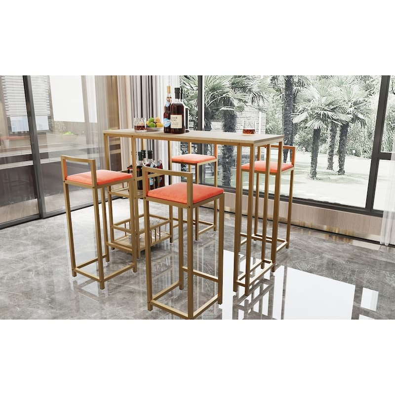 5 Piece Bar Table Set, Counter Height Kitchen Table Set, Metal Table and Chairs Set with 4 Upholstered Chairs & Storage Shelves