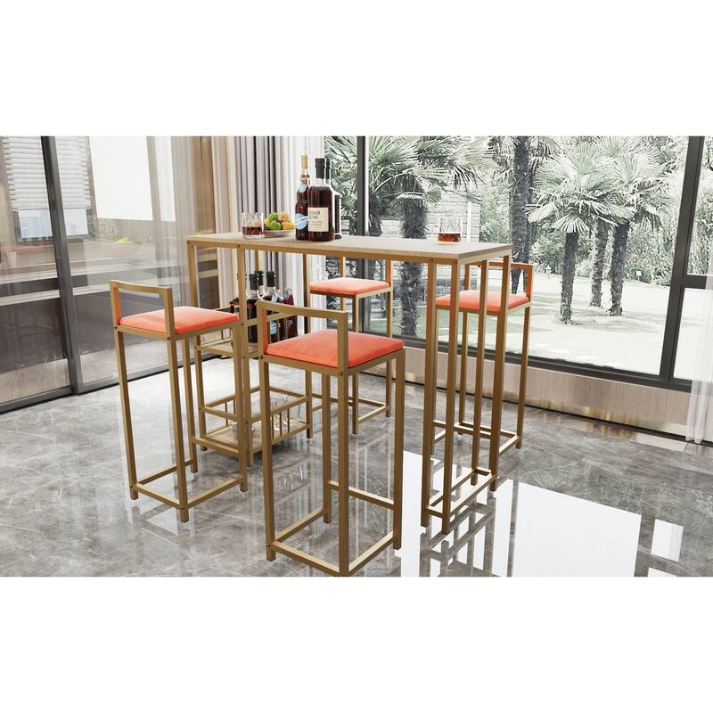 5-Piece Bar Table Set with 4 Gold Stools & Storage Shelf