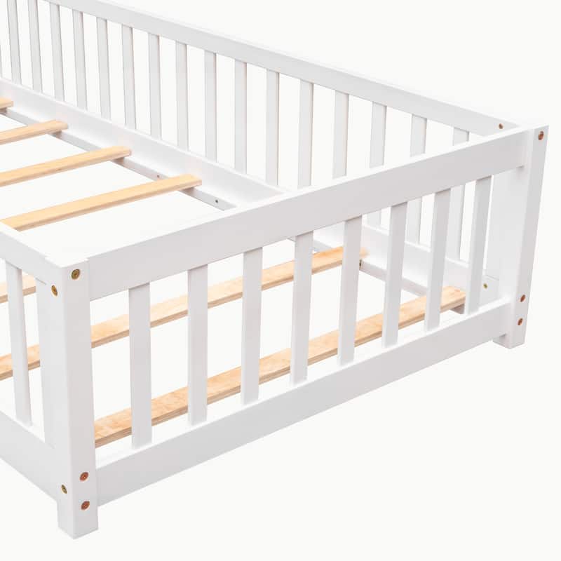 Pine Wood Floor Platform Bed with Fence and Door