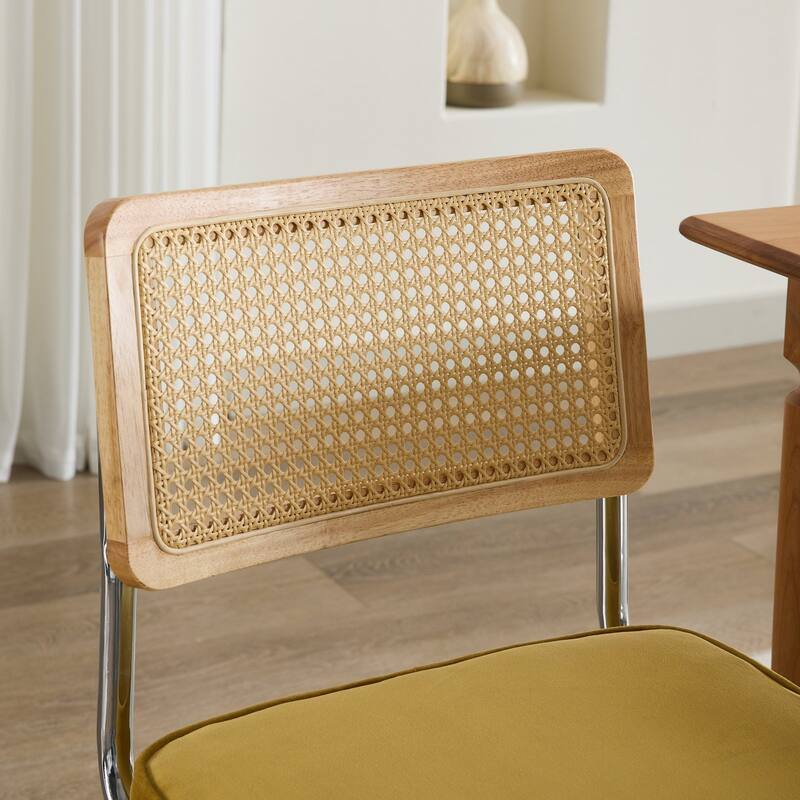 Velvet Dining Chair Set of 2 Gold Accent Chair with Natural Cane Back