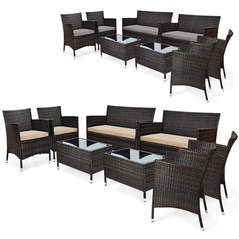 8PCS Patio Rattan Conversation Set Outdoor Furniture Set w/ End Table - Brown&Grey