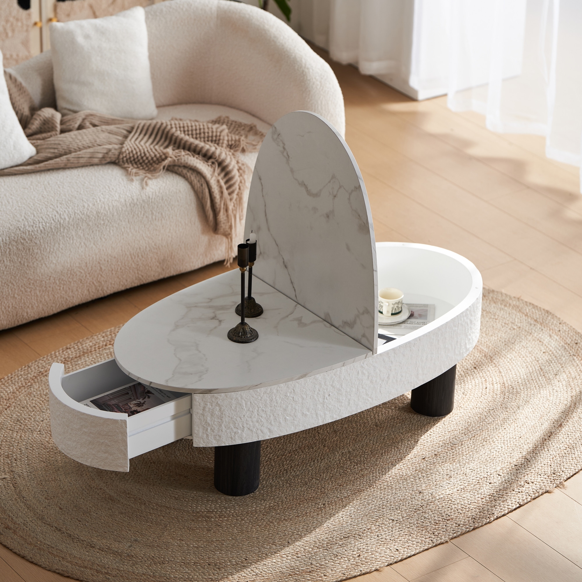 GDFStudio - Mid-Century Modern Oval Coffee Table with Faux Marble Top and Hidden Drawer Storage