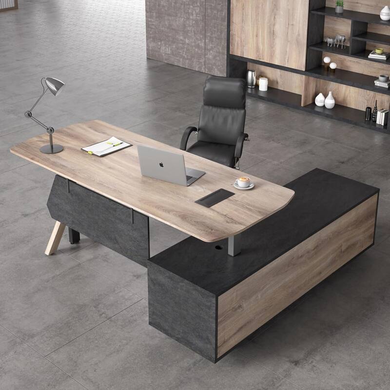 Adjustable L Shape Executive Desk With Shelves Drawers Memory Controller Height Adjustment - 78.74" - Left Return Cabinets