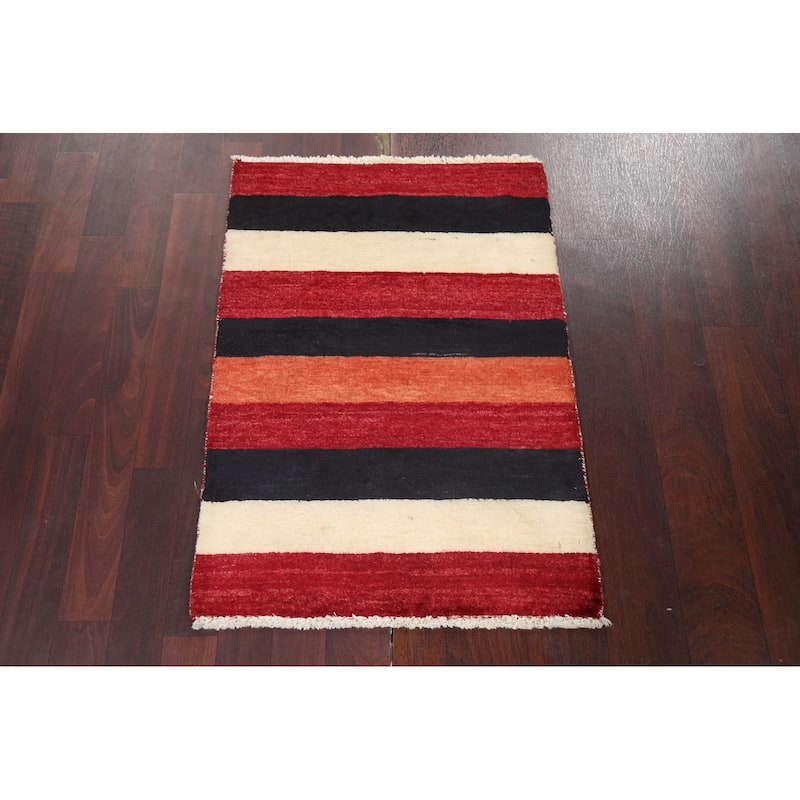 Contemporary Gabbeh Kashkoli Wool Area Rug Hand-knotted Striped Carpet - 2'2" x 3'0"