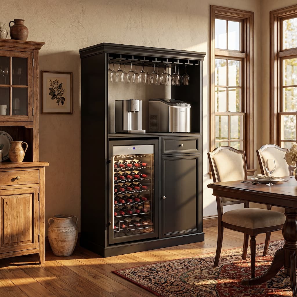 Wine Bar Cabinet with Mini Fridge Space & 34 Bottle Wine Cooler, 39" Coffee Bar Cabinet Freestanding Buffet Sideboard