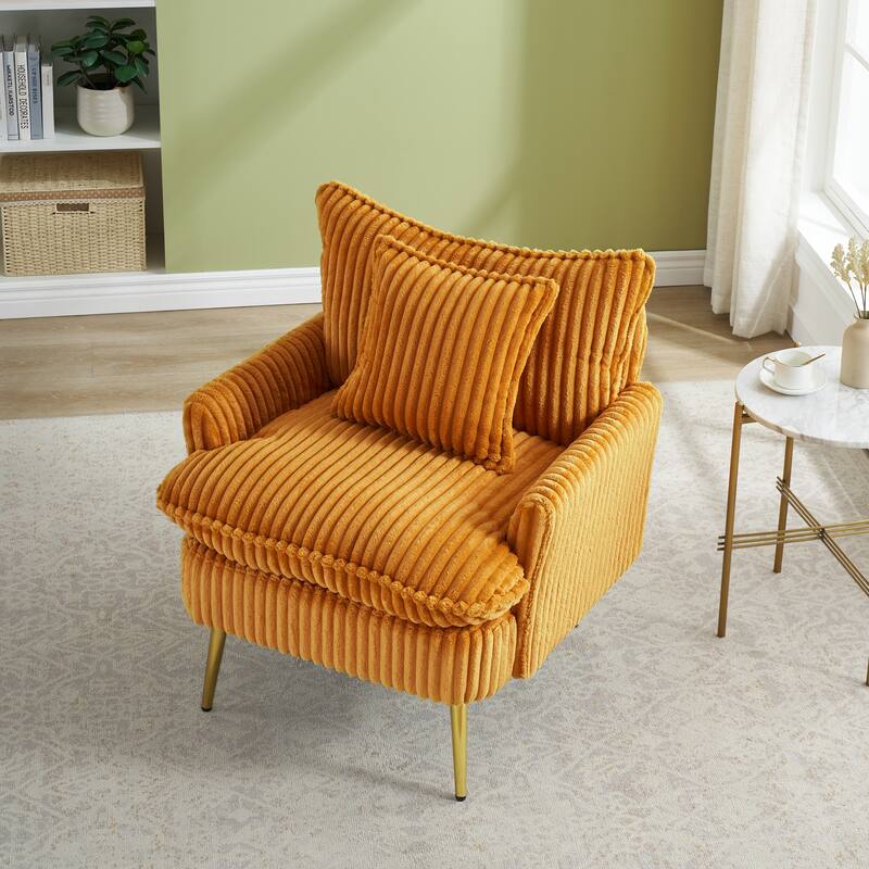 Corduroy Single Sofa Chair, Ergonomic Lounge Reading Chair, Upholstered Decorative Chair with Pillow & Metal Legs