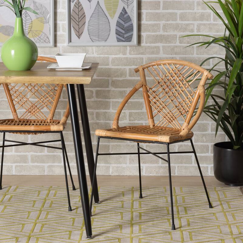 Pro Modern Bohemian Natural Rattan and Metal Dining Chair Set(2PC)