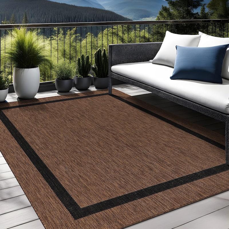 Beverly Rug Modern Bordered Indoor Outdoor Rug, Outside Carpet for Patio, Deck, Porch