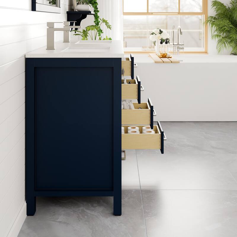 London 48"W Blue DS Bath Vanity with Carrara Quartz Top & Porcelain Sink