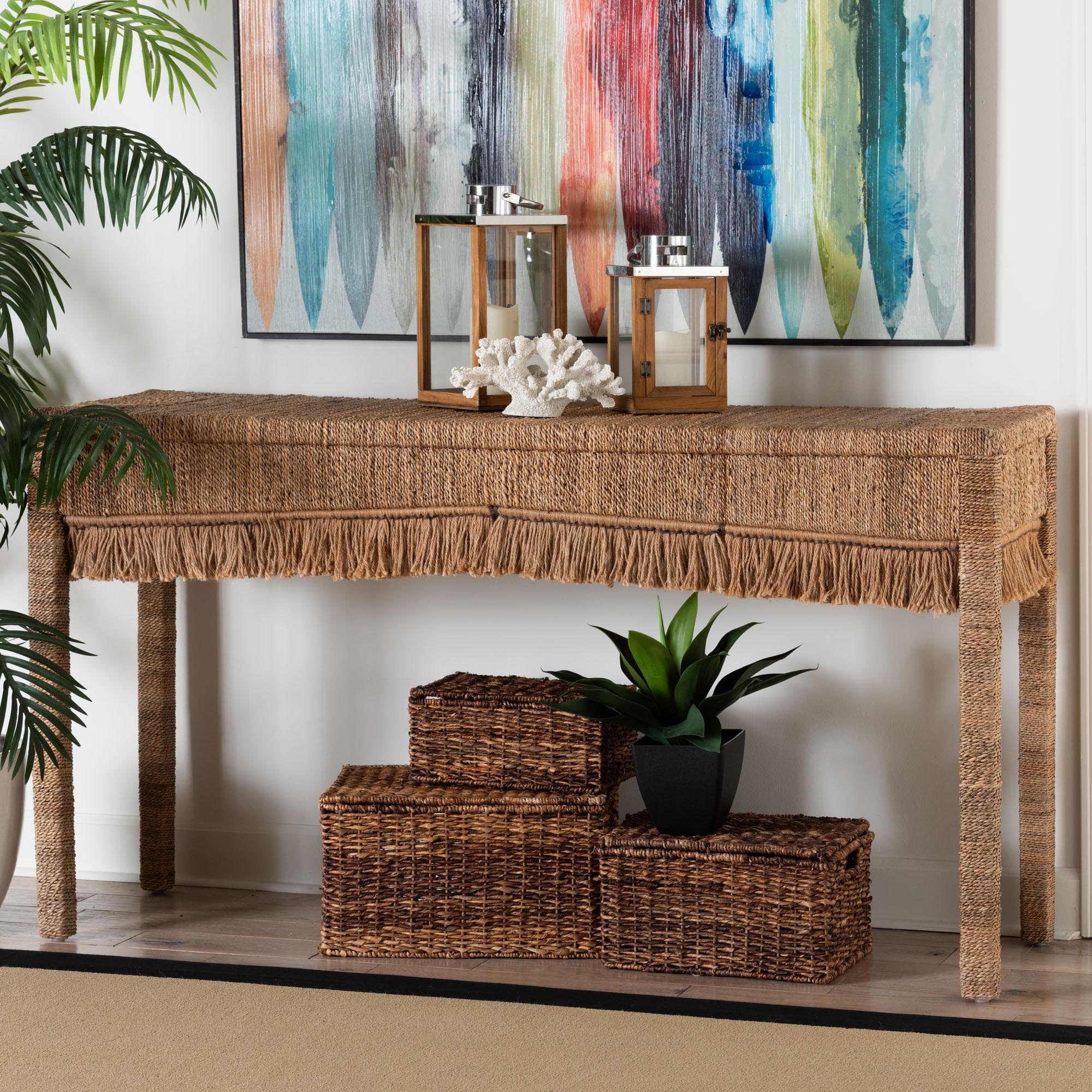 Fiona Handwoven Seagrass Console Table - Coastal Boho Accent Table with Fringe Detailing for Living Room, Entryway, or Hallway