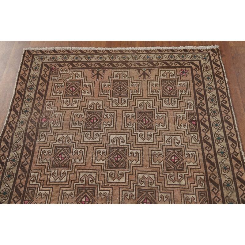 Geometric Balouch Persian Vintage Runner Rug Handmade Wool Carpet - 3'4" x 8'8"