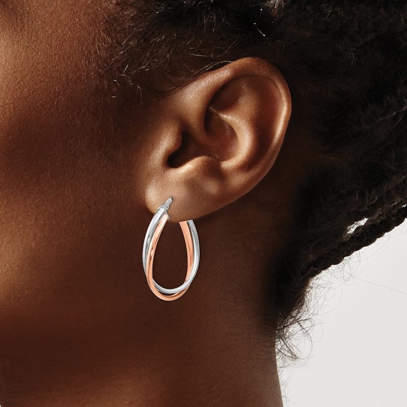 Curata 14k Rose and White Gold 38mm Double Oval Hoop Earrings