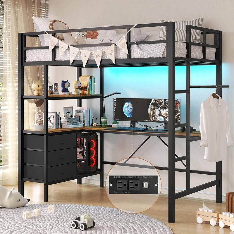 Loft Bed with L-Shaped Desk Charging Station Metal LED Lights 3 Fabric Drawers - Black - Twin