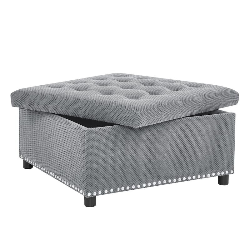 Square Tufted Upholstered Storage Ottoman with Nailhead Trim