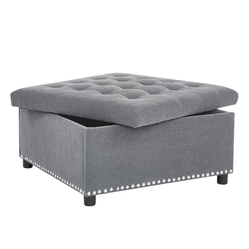 Storage Ottoman,Tufted Footstool, Nailhead Trim Ottoman, Square Storage Ottoman, Upholstered Coffee Table, Bedroom Storage