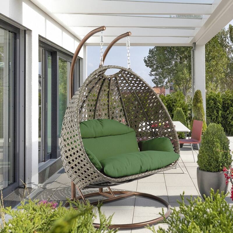 LeisureMod Modern 2-Person Egg Hanging Swing Chair with Beige Wicker, Oxford Fabric Cover, Patio Hammock Lounger and Cushions