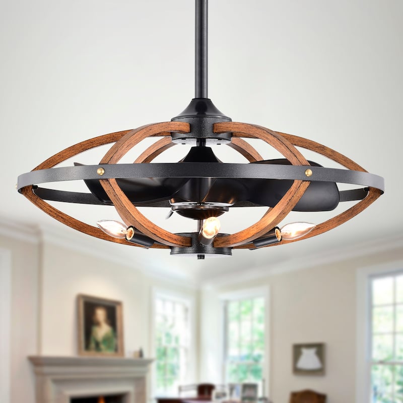 Dariin 29 Inch Matte Black Ring finish 6 Light, 3 Blade Ceiling Fandelier with Remote