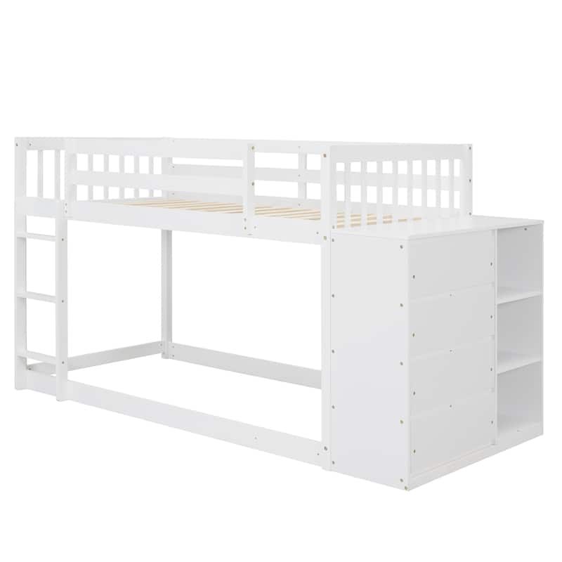 Twin over Twin Bunk Bed Wood Frame Bed with 4 Storage Drawers and 3 Shelves, Full-Length Guardrail Top Bunk for Kids Teens